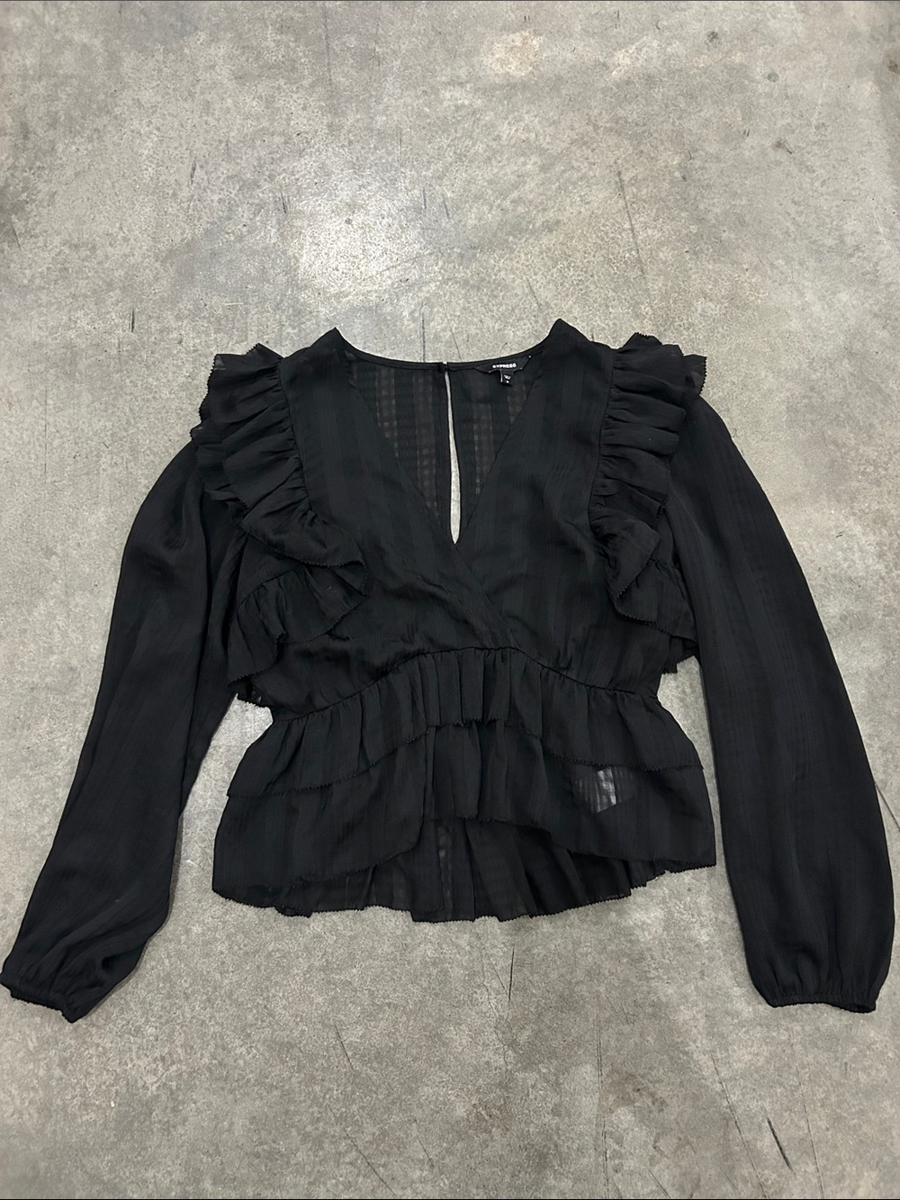 Express Ruffled Semi Sheer V-Neck Long Sleeve Blouse - Black